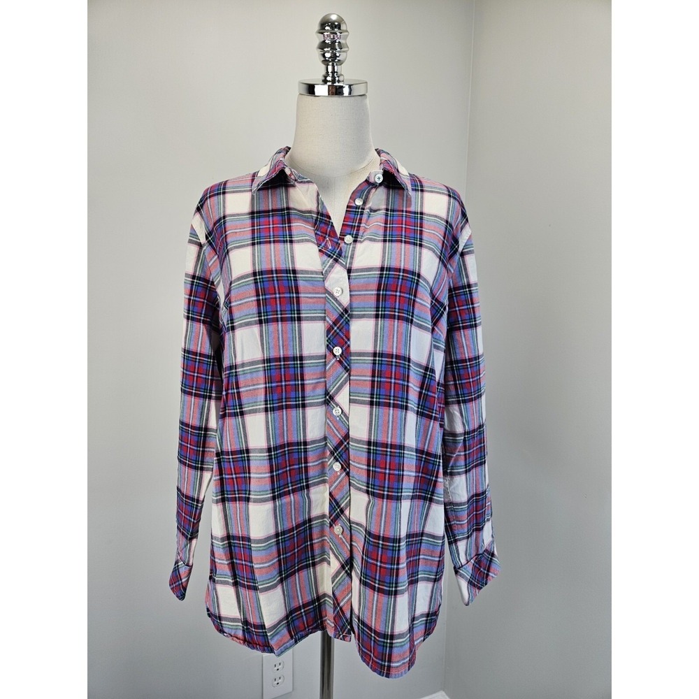 Talots Petite XL Pink Blue White Plaid Cotton Button Down Shirt Long Sleeve